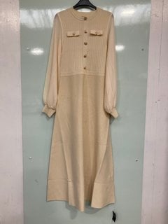 Lot 419  
            Marchington SR13 - Parcel Delivery Only 

                
VISCOSE BLEND MAXI KNIT DRESS WITH CHIFFON SLEEVE MILITARY TRIM IN CREAM - UK SIZ...
