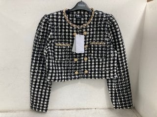 Lot 481  
            Marchington SR13 - Parcel Delivery Only 

                
NADINE MERABI REMY MONOCHROME JACKET IN BLACK/WHITE-UK SIZE S/M- ORIGINAL RRP £32...