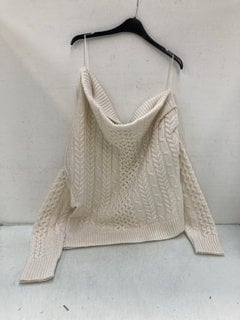 Lot 568  
            Marchington SR13 - Parcel Delivery Only 

                
JOHN LEWIS & A.W.A.K.E. MODE ASYMMETRIC CABLE CREAM JUMPER - UK SIZE: 14 - ORIGIN...