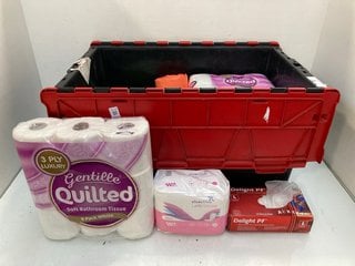Lot 601  
            Marchington SR13 - Parcel Delivery Only 

                
QTY OF HOUSEHOLD ITEMS TO INCLUDE PACK OF 9 GENTILLE QUILTED SOFT BATHROOM TISSUE...