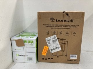 Lot 671  
            Marchington SR13 - Parcel Delivery Only 

                
BOX OF VALUE OFFICE A4 COPY PAPER TO INCLUDE BONSAII PAPER SHREDDER: LOCATION - G7