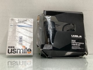 Lot 801  
            Marchington SR13 - Parcel Delivery Only 

                
USMILE SONIC ELECTRIC TOOTHBRUSH TO INCLUDE LABEL.M HIGH PERFORMANCE HAIR DRYER I...