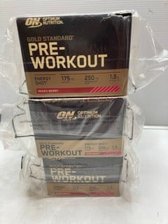 Lot 341  
            Nottingham SR9 - Delivery Only 

                
3 X BOXES OF OPTIMUM NUTRITION GOLD STANDARD PRE WORKOUT ENERGY SHOTS