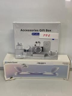 Lot 176  
            Birmingham Tech - Parcel Delivery Only 

                
ACCESSORIES GIFT BOX AND META QUEST CHARGING DOCK TECH (ORIGINAL RRP - £210). [JP...