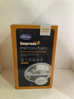 Lot 1182  
            Birmingham SR108 - Parcel Delivery Only 

                
SILENTNIGHT 500 IMPRESS MEMORY FOAM PRESSURE RELIEVING MATTRESS TOPPER ORIGINAL R...