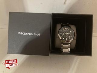 Lot 33  
            Birmingham SR108 - Parcel Delivery Only 
                
JOHN LEWIS & PARTNERS & PARTNERS EMPORIO ARMANI MEN'S BLACK CHRONOGRAPH STAINLESS...