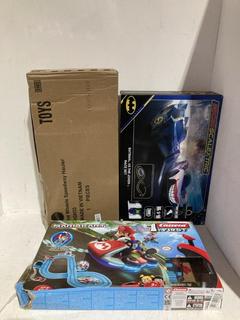 Lot 409  
            Birmingham SR108 - Parcel Delivery Only 
                
3 X TOYS TO INCLUDE BATMAN VS THE JOKER MICRO SCALEXTRIC