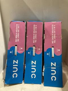 Lot 595  
            Birmingham SR108 - Parcel Delivery Only 

                
3 X ZINC 3 IN 1 MY FIRST TRY & SCOOTER RIDE ON TOY