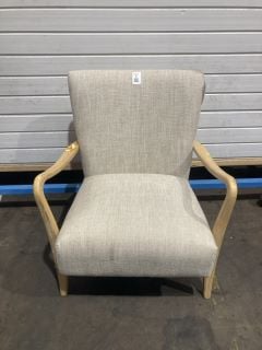 Lot 11  
            Birmingham - Collection or Delivery 

                
DAVID PHILLIPS CREAM FABRIC ARMCHAIR WITH WOODEN ARMRESTS