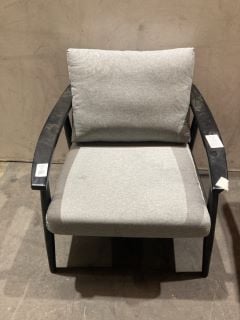 Lot 17  
            Birmingham - Collection or Delivery 

                
DAVID PHILLIPS OCCASIONAL CHAIR IN GREY FABRIC WITH WOODEN ARMRESTS