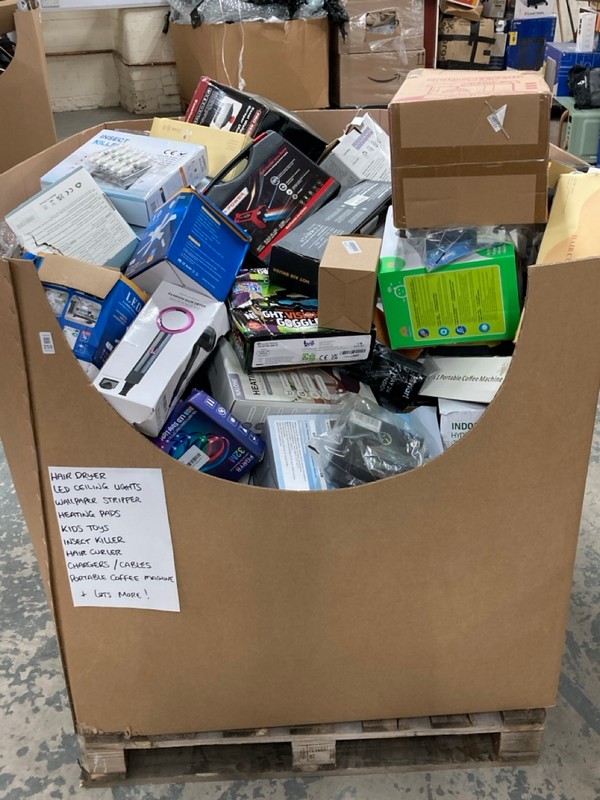 Lot 259  
            Nottingham SR6 - Delivery Or Collection 

                
PALLET OF ITEMS TO INC HAIR DRYER, LED CEILING LIGHTS, KIDS TOYS AND WALLPAPER ST...