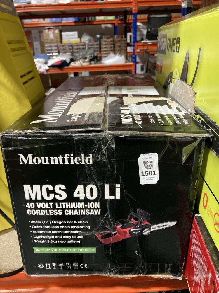 Lot 1501  
            Chesterfield SR47 - Parcel Delivery Only 

                
MOUNTFIELD MCS 40 LI CORDLESS CHAINSAW (LOCATION: F10)