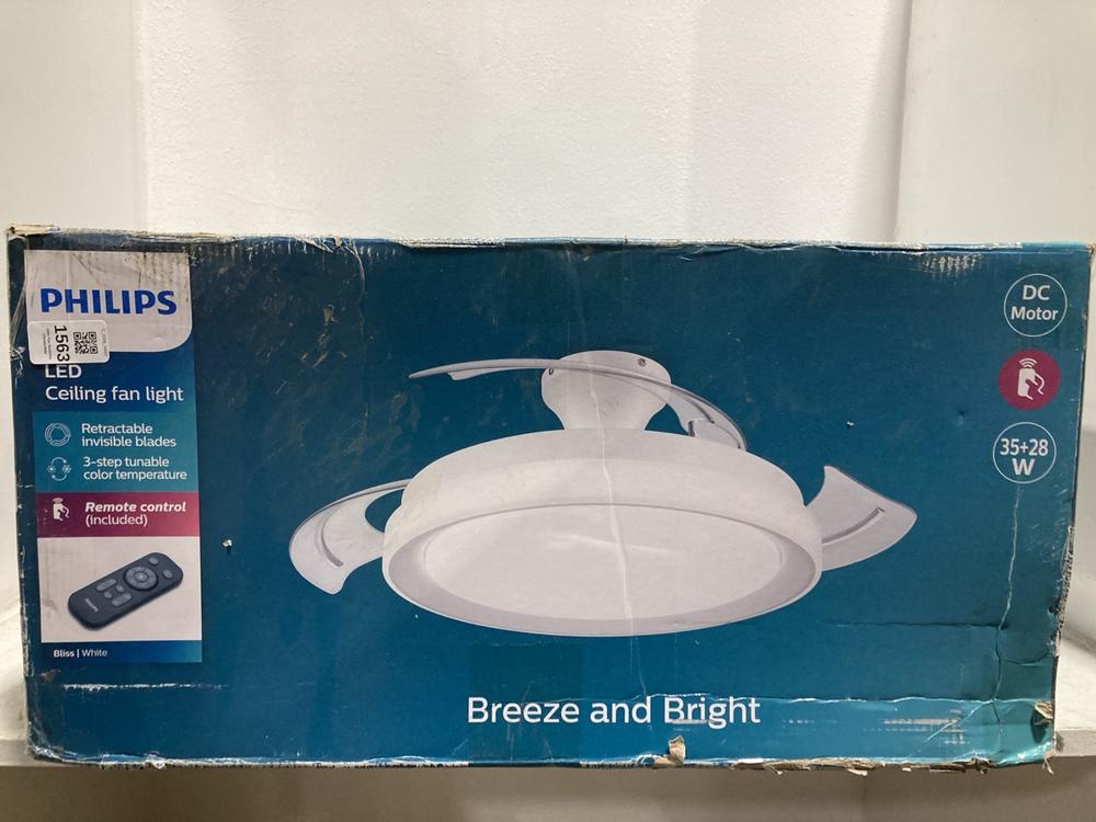 Lot 1563  
            Chesterfield SR47 - Parcel Delivery Only 

                
PHILIPS BREEZE AND BRIGHT BLISS WHITE LED CEILING FAN ORIGINAL RRP £121 (LOCATION...