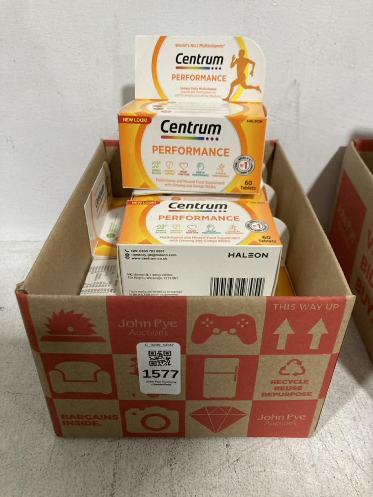 Lot 1577  
            Chesterfield SR47 - Parcel Delivery Only 

                
BOX OF 10 X CENTRUM PERFORMANCE MULTIVITAMIN FOOD SUPPLEMENT 60 TABLETS BBE- 02/2...