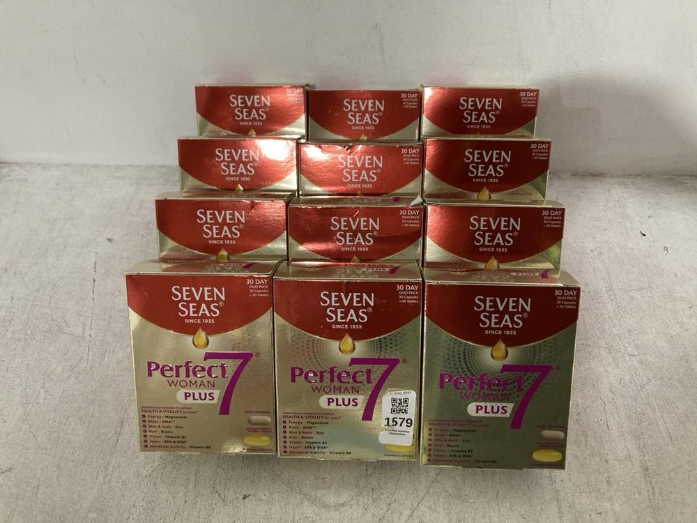 Lot 1579  
            Chesterfield SR47 - Parcel Delivery Only 

                
12 X SEVEN SEAS PERFECT WOMAN PLUS 7 HEALTH AND VITALITY 30 DAY DUO PACK BBE- 08/...