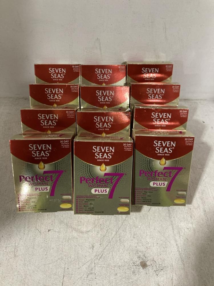 Lot 1581  
            Chesterfield SR47 - Parcel Delivery Only 

                
12 X SEVEN SEAS PERFECT WOMAN PLUS 7 HEALTH AND VITALITY 30 DAY DUO PACK BBE- 08/...