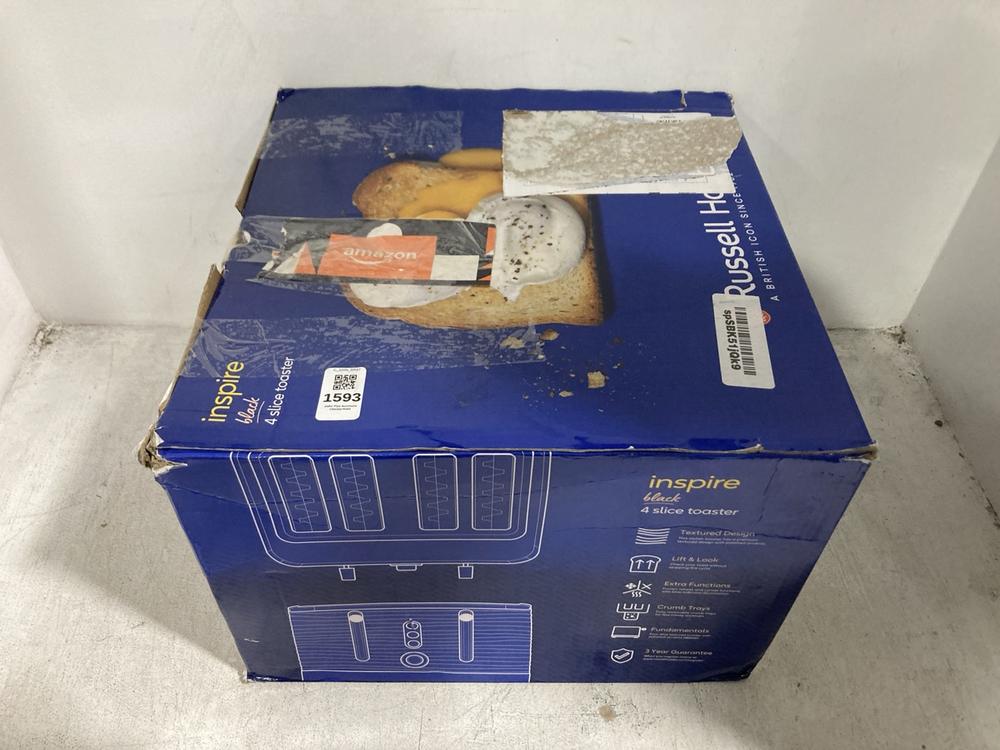 Lot 1593  
            Chesterfield SR47 - Parcel Delivery Only 

                
RUSSELL HOBBS INSPIRE 4 SLICE TOASTER IN BLACK (LOCATION: SR46 G3)