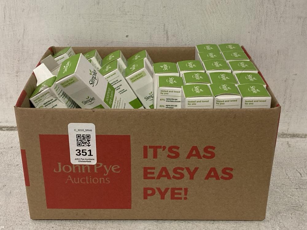 Lot 351  
            Chesterfield SR46 - Parcel Delivery Only 

                
QTY OF SIMPLE SOOTHING EYE BALM 15ML (LOCATION: J4)
