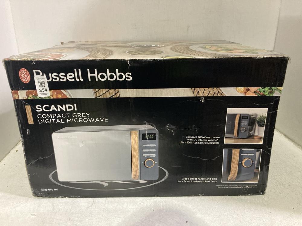 Lot 354  
            Chesterfield SR46 - Parcel Delivery Only 

                
RUSSELL HOBBS SCANDI COMPACT DIGITAL MICROWAVE (LOCATION: J4)