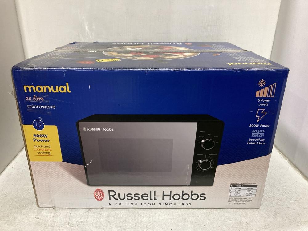 Lot 358  
            Chesterfield SR46 - Parcel Delivery Only 

                
RUSSELL HOBBS 20L MICROWAVE (LOCATION: J4)