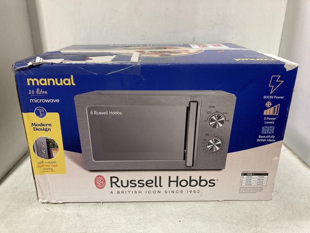 Lot 359  
            Chesterfield SR46 - Parcel Delivery Only 

                
RUSSELL HOBBS 20L MICROWAVE (LOCATION: J4)