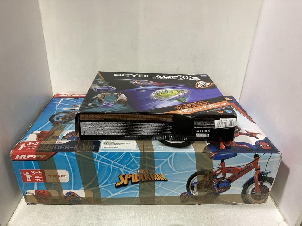 Lot 363  
            Chesterfield SR46 - Parcel Delivery Only 

                
HUFFY MARVEL SPIDERMAN 12" BICYCLE TO INCLUDE BEYBLADE X DROP ATTACK BATTLE SET (...