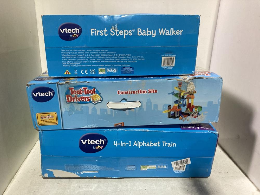 Lot 366  
            Chesterfield SR46 - Parcel Delivery Only 

                
3 X ASSORTED VTECH KIDS TOYS TO INCLUDE VTECH BABY 4-IN-1 ALPHABET TRAIN (LOCATIO...