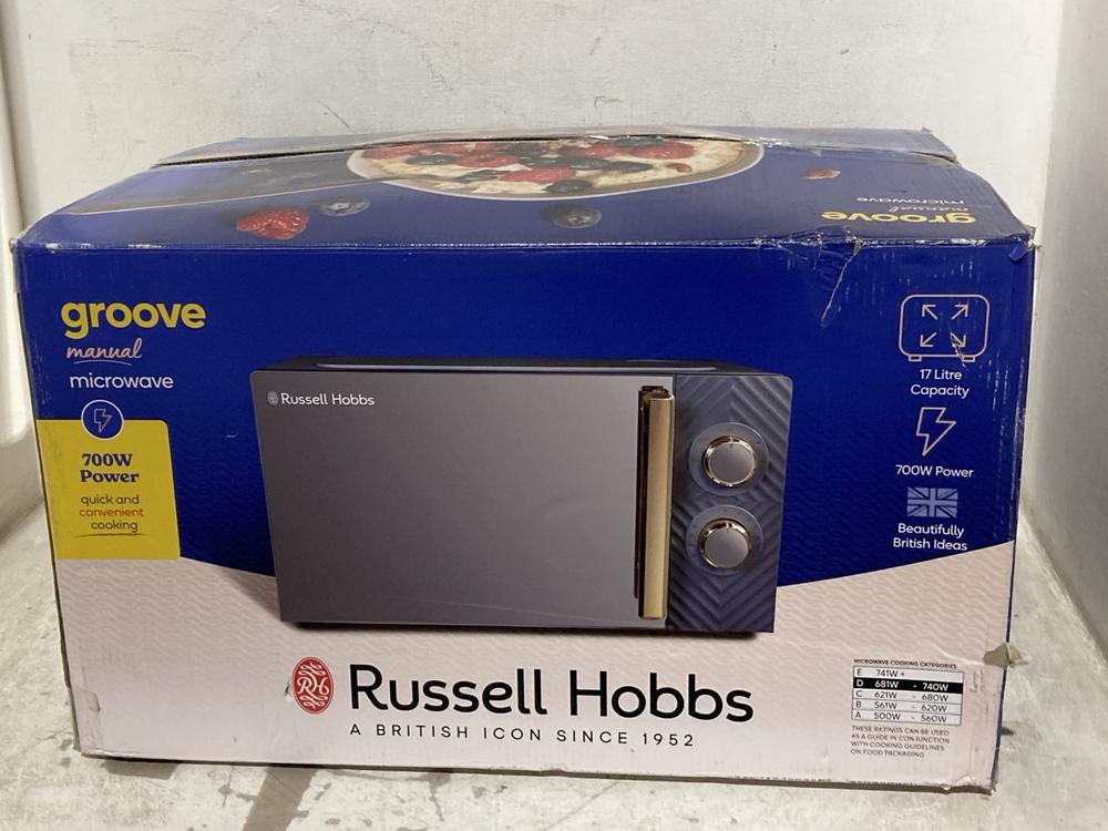 Lot 388  
            Chesterfield SR46 - Parcel Delivery Only 

                
RUSSELL HOBBS GROOVE MANUAL MICROWAVE (LOCATION: J5)