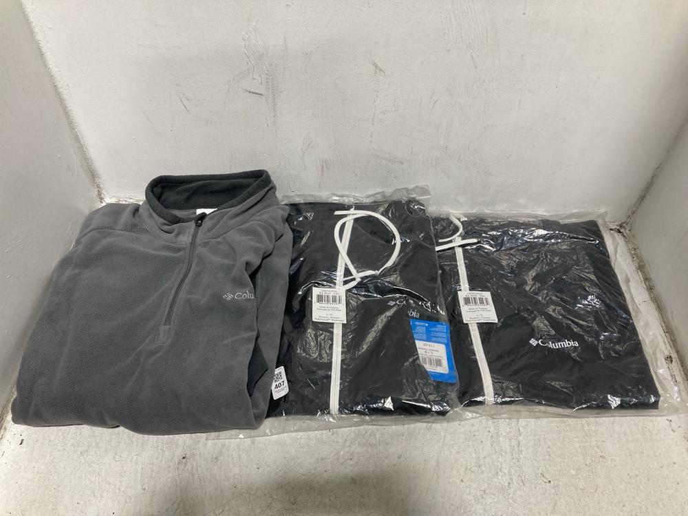 Lot 407  
            Chesterfield SR46 - Parcel Delivery Only 

                
3 X ASSORTED COLUMBIA CLOTHING ITEMS TO INCLUDE COLUMBIA JACKET IN BLACK SIZE L (...