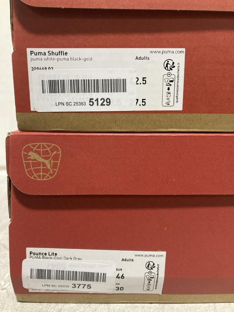 Lot 428  
            Chesterfield SR46 - Parcel Delivery Only 

                
PUMA LEATHER SNEAKERS IN BLACK & WHITE - UK SIZE 8.5 TO INCLUDE PUMA RUNNING TRAI...