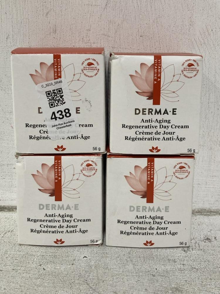 Lot 438  
            Chesterfield SR46 - Parcel Delivery Only 

                
4 X DERMA-E ANTI-AGING REGENERATING DAY CREAM 56G (LOCATION: I3)
