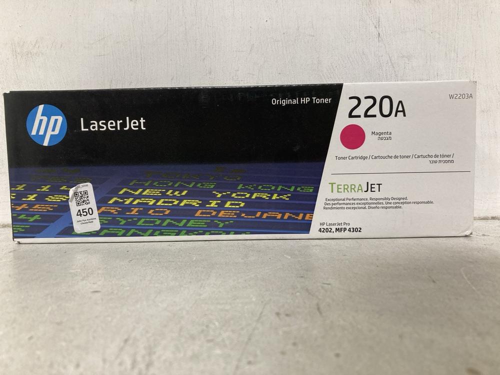 Lot 450  
            Chesterfield SR46 - Parcel Delivery Only 

                
HP W2203A LASERJET 220A MAGENTA ORIGINAL TONER CARTRIDGE (LOCATION: I3)