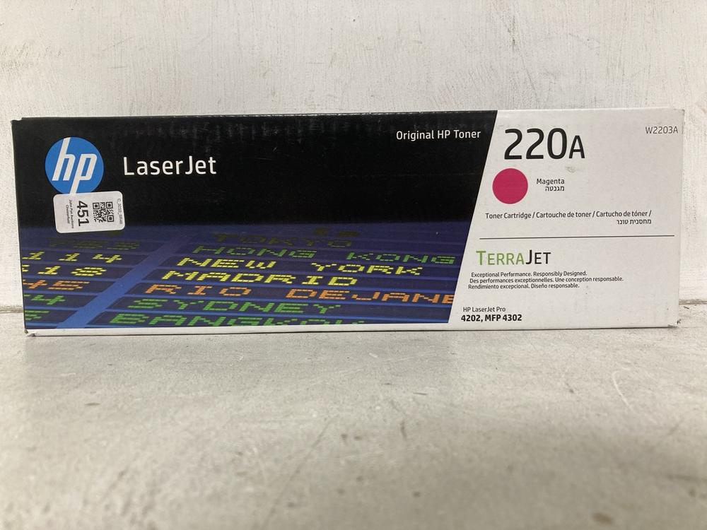 Lot 451  
            Chesterfield SR46 - Parcel Delivery Only 

                
HP W2203A LASERJET 220A MAGENTA ORIGINAL TONER CARTRIDGE (LOCATION: I3)