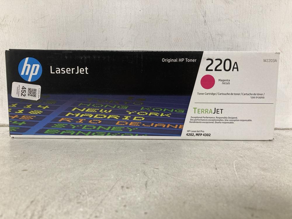 Lot 452  
            Chesterfield SR46 - Parcel Delivery Only 

                
HP W2203A LASERJET 220A MAGENTA ORIGINAL TONER CARTRIDGE (LOCATION: I3)