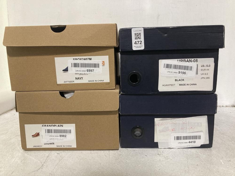 Lot 472  
            Chesterfield SR46 - Parcel Delivery Only 

                
4 X ASSORTED ADULTS SHOES TO INCLUDE BRUNO MARC URBAN-08 SHOES IN BLACK - UK SIZE...