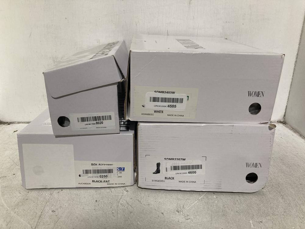 Lot 473  
            Chesterfield SR46 - Parcel Delivery Only 

                
4 X ASSORTED ADULTS SHOES TO INCLUDE DREAM PARIS WOMEN'S SUEDE SANDALS IN NAVY - ...