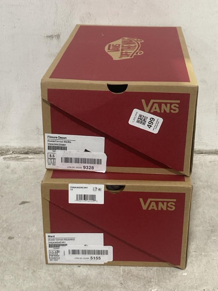 Lot 499  
            Chesterfield SR46 - Parcel Delivery Only 

                
VANS FILLMORE DECON SHOES IN BLACK SIZE 7.5 UK TO INCLUDE VANS OF THE WALL WARD S...