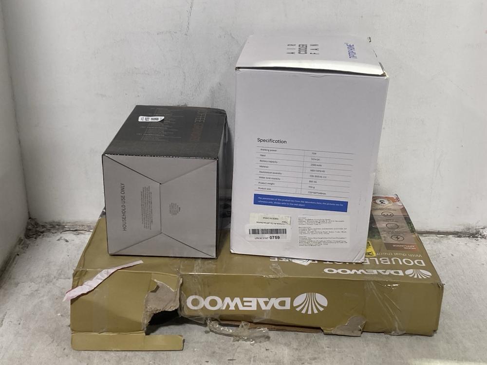 Lot 514  
            Chesterfield SR46 - Parcel Delivery Only 

                
3 X ASSORTED HOME ITEMS TO INCLUDE TIPTOP HOME AIR COOLER FAN (LOCATION: I4)