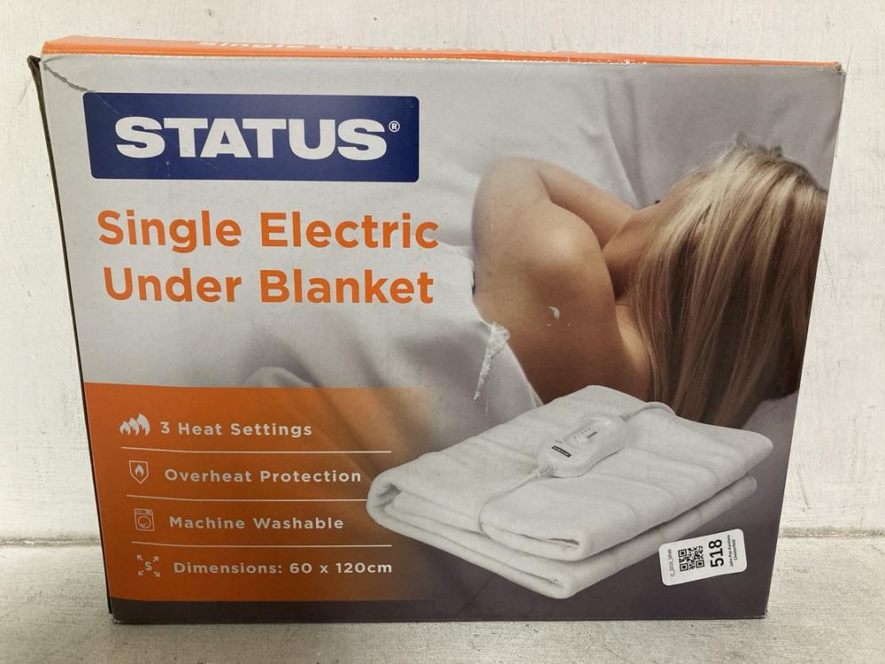 Lot 518  
            Chesterfield SR46 - Parcel Delivery Only 

                
STATUS SINGLE ELECTRIC UNDER BLANKET TO INCLUDE DIMPLEX WASHABLE HEATED UNDERBLAN...