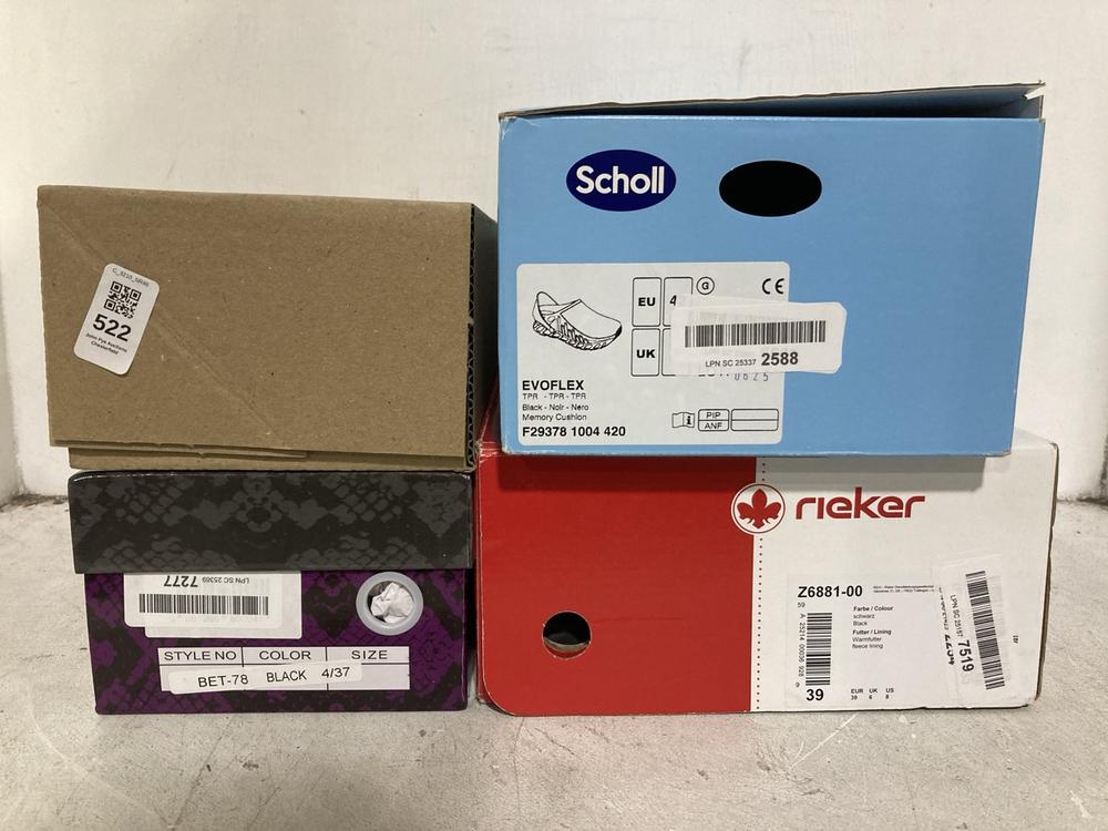 Lot 522  
            Chesterfield SR46 - Parcel Delivery Only 

                
4 X ASSORTED SHOES TO INCLUDE RIEKER SHOES IN BLACK SIZE 6 UK (LOCATION: I4)