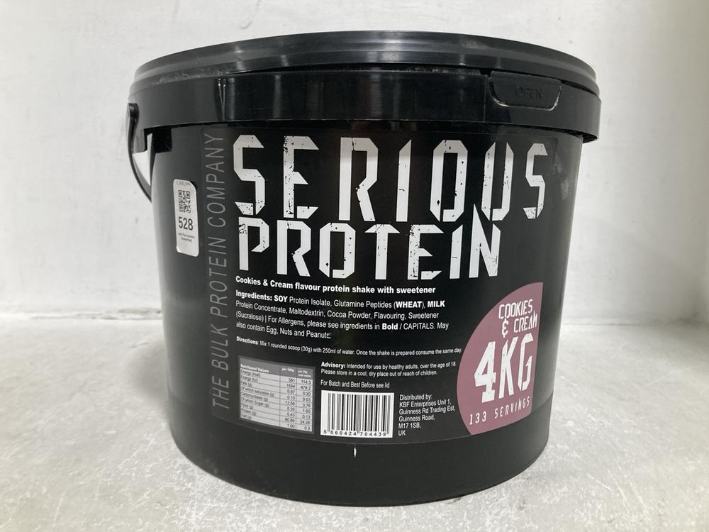 Lot 528  
            Chesterfield SR46 - Parcel Delivery Only 

                
SERIOUS PROTEIN COOKIES AND CREAM 4KG 133 SERVINGS - BBE 06/28 (LOCATION: I5)