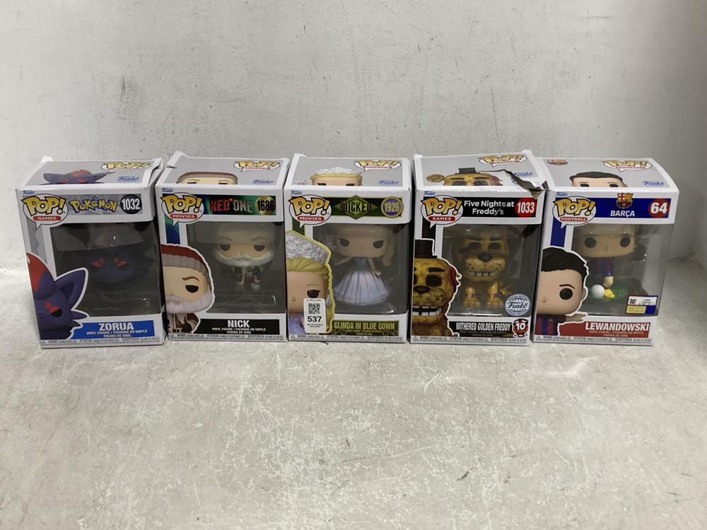 Lot 537  
            Chesterfield SR46 - Parcel Delivery Only 

                
5 X ASSORTED POP FIGURES TO INCLUDE POP MOVIES WICKED GLINDA IN BLUE GOWN FIGURE ...