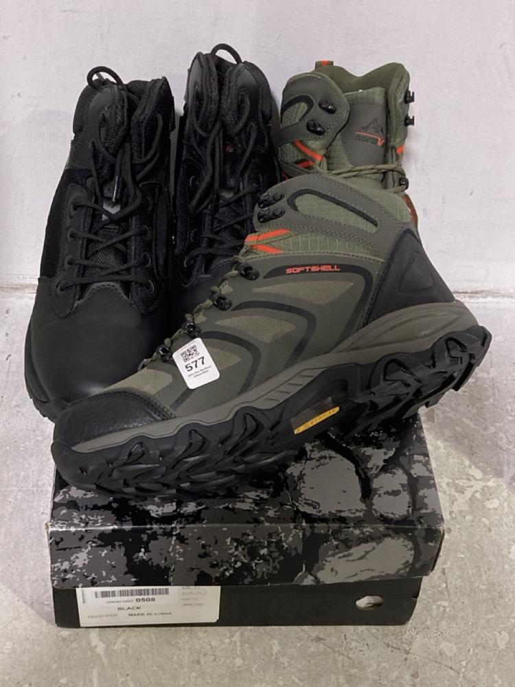 Lot 577  
            Chesterfield SR46 - Parcel Delivery Only 

                
3 X ASSORTED ADULTS SHOES TO INCLUDE NORTI 8 HIKING BOOTS IN KHAKI - UK SIZE 7.5 ...