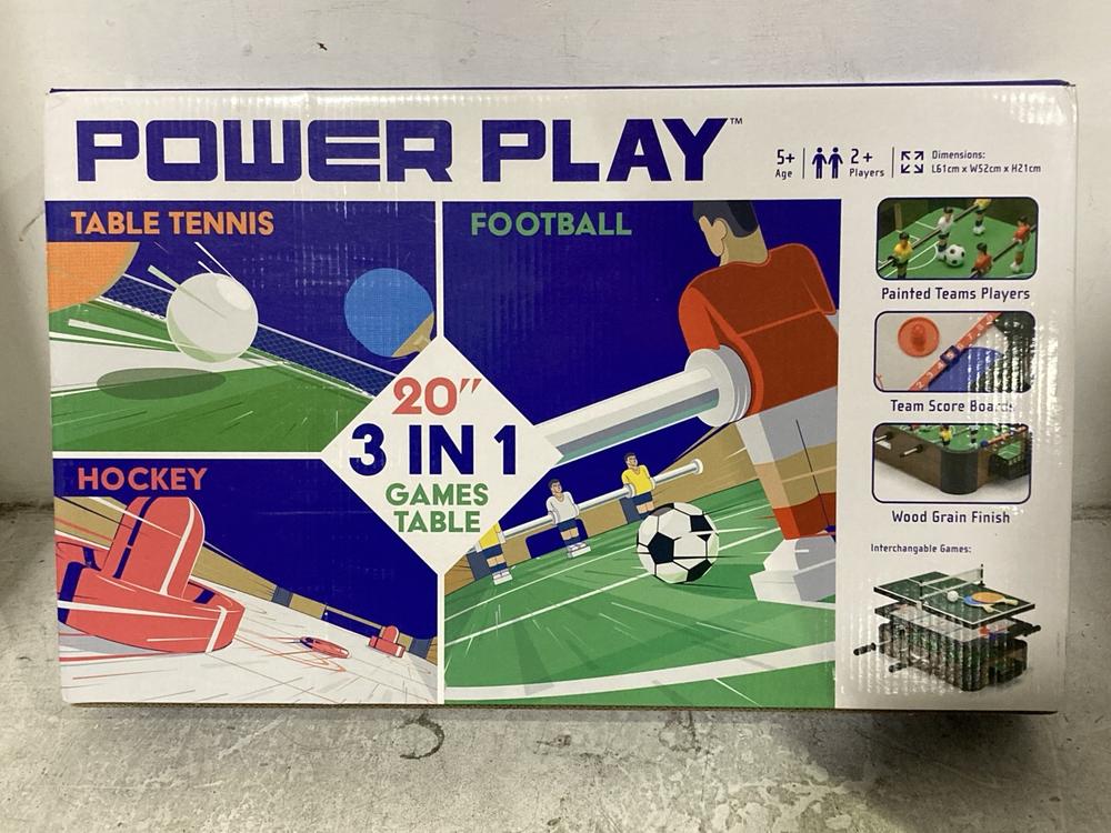 Lot 589  
            Chesterfield SR46 - Parcel Delivery Only 

                
3 X ASSORTED KIDS TOYS TO INCLUDE POWER PLAY 3-IN-1 20" SPORT PLAY TABLE SET (LOC...