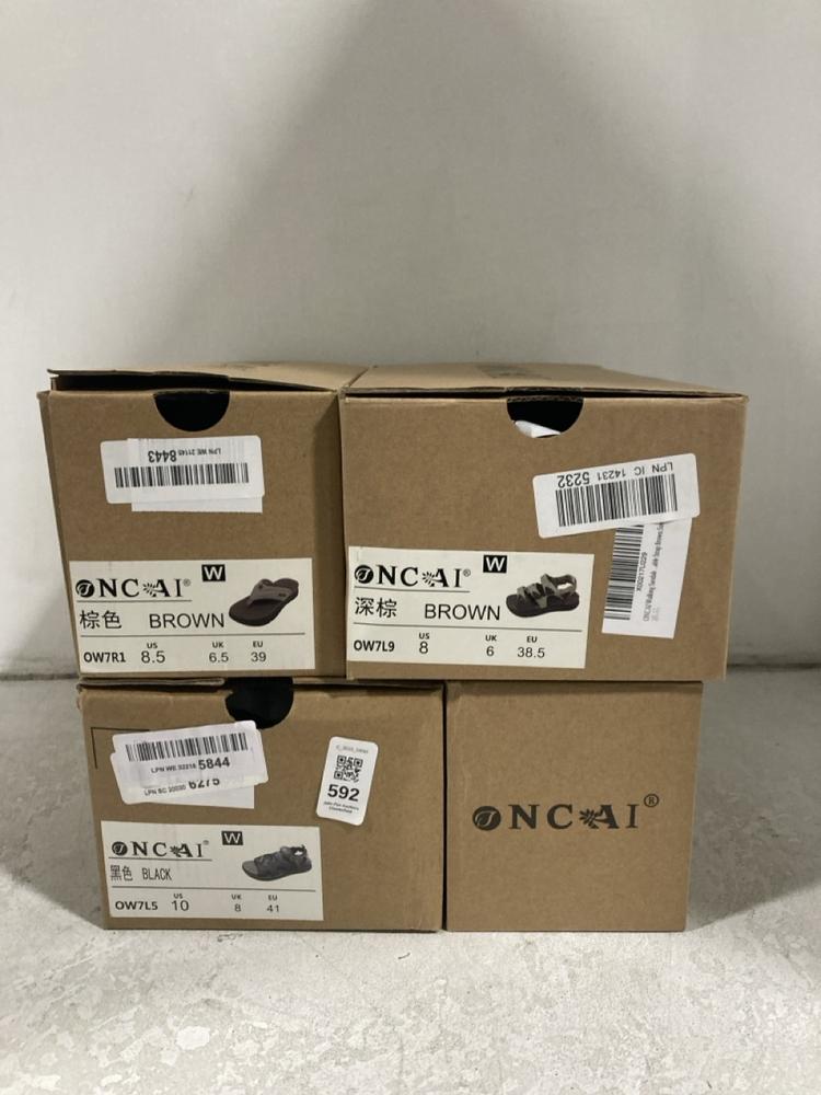 Lot 592  
            Chesterfield SR46 - Parcel Delivery Only 

                
4 X ASSORTED SHOES TO INCLUDE BROWN SANDALS SIZE 6.5 UK (LOCATION: H1)