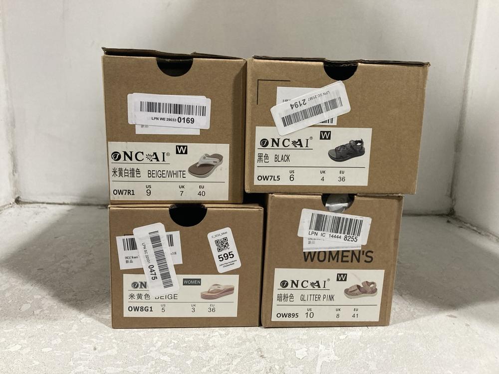 Lot 595  
            Chesterfield SR46 - Parcel Delivery Only 

                
4 X ASSORTED SHOES TO INCLUDE BLACK SANDALS SIZE 4 UK (LOCATION: H1)