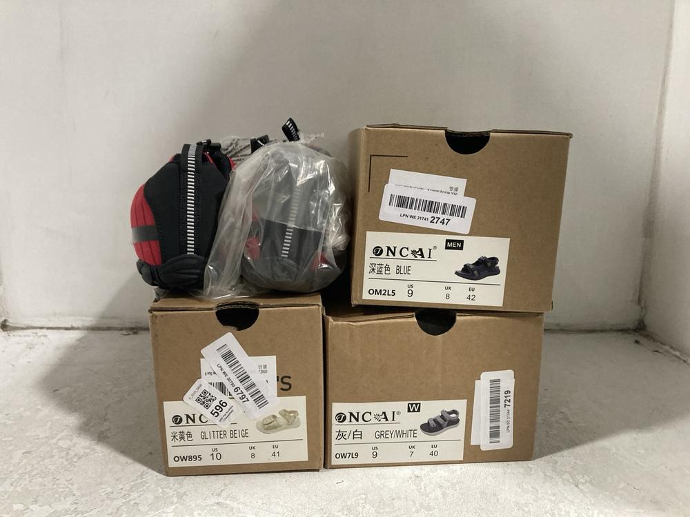 Lot 596  
            Chesterfield SR46 - Parcel Delivery Only 

                
4 X ASSORTED SHOES TO INCLUDE BLACK SANDALS SIZE 8 UK (LOCATION: H1)