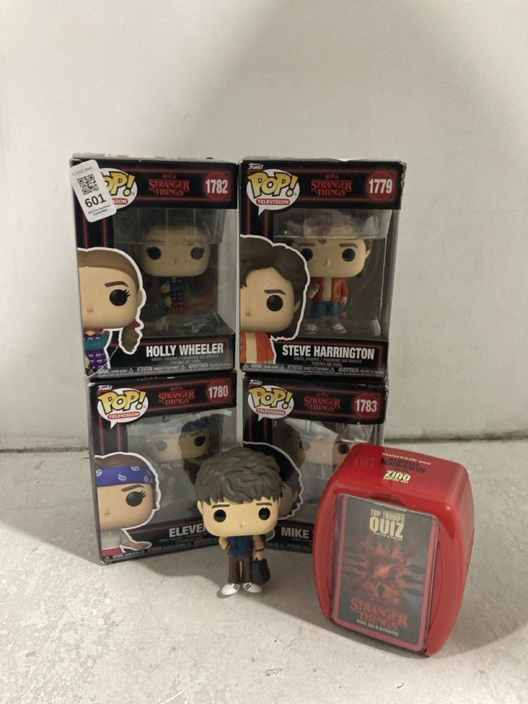 Lot 601  
            Chesterfield SR46 - Parcel Delivery Only 

                
6 X ASSORTED STRANGER THINGS ITEMS TO INCLUDE POP FIGURE MIKE WHEELER 1783 (LOCAT...