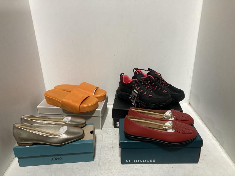 Lot 638  
            Chesterfield SR46 - Parcel Delivery Only 

                
4 X ASSORTED ADULTS SHOES TO INCLUDE TOMS BRIELLA LIGHT GOLD METALLIC SHOES SIZE ...