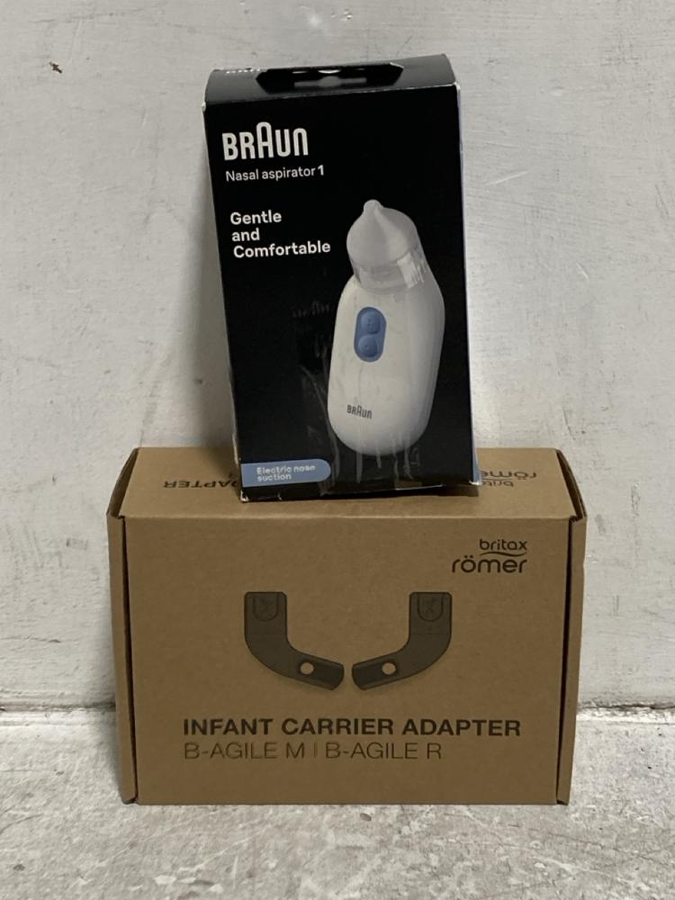 Lot 649  
            Chesterfield SR46 - Parcel Delivery Only 

                
BRITAX ROMER INFANT CARRIER ADAPTER TO INCLUDE BRAUN ELECTRIC NOSE SUCTION (LOCAT...